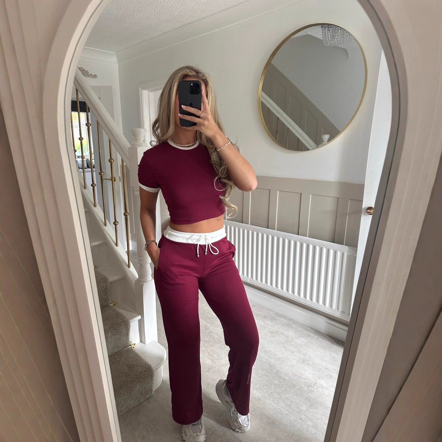 Womens Short-Sleeve Drawstring Wide-Leg Pants Two-Piece Set