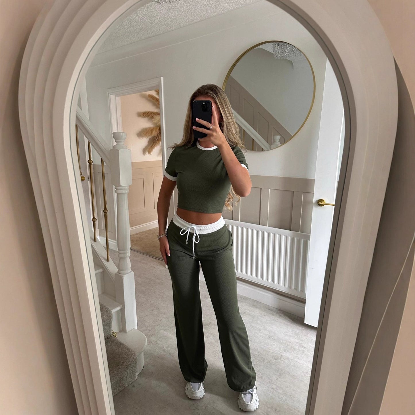 Womens Short-Sleeve Drawstring Wide-Leg Pants Two-Piece Set