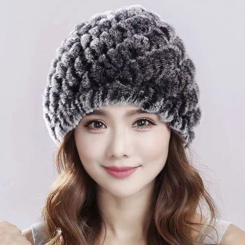 Womens Rex Rabbit Fur Knitted Spiral Pineapple Hat