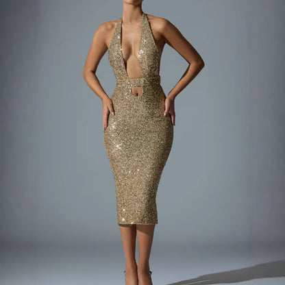 Deep-V Halter Sequin Bodycon Hollow-Out Dress
