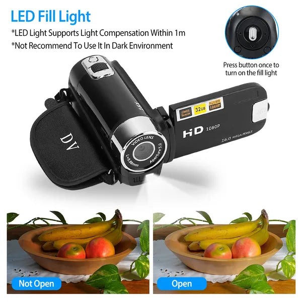HD 1080P Digital Video Camcorder 2.7in 16X Zoom DV Camera 270° Rotation Rechargeable Kid Camera W/Fill Light Selfie GPCT2659