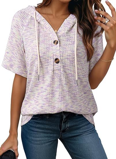 Short-sleeve Buttoned V-neck Waffle-knit Hooded Top