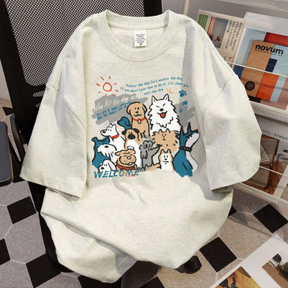 Womens Summer Short-Sleeve Cotton T-Shirt With Puppy Print