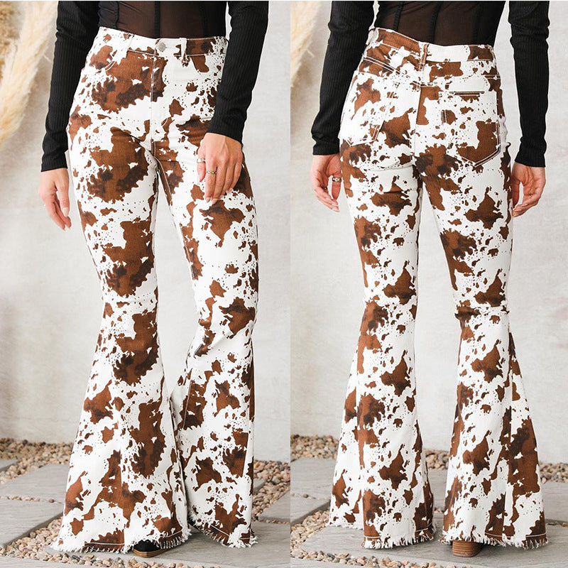 Womens Denim Floral Brown High-Waisted Flared Pants
