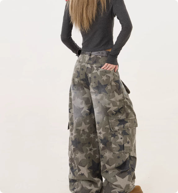 American Retro Hot Girl Camouflage Cargo Jeans For Women