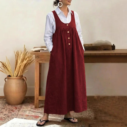 Buttoned Suspender Sleeveless Loose Casual Dress