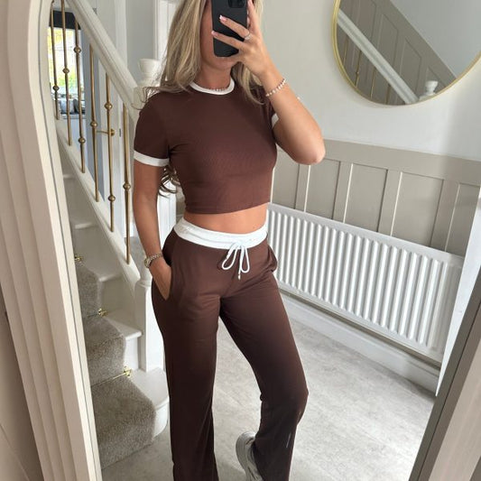 Womens Short-Sleeve Drawstring Wide-Leg Pants Two-Piece Set