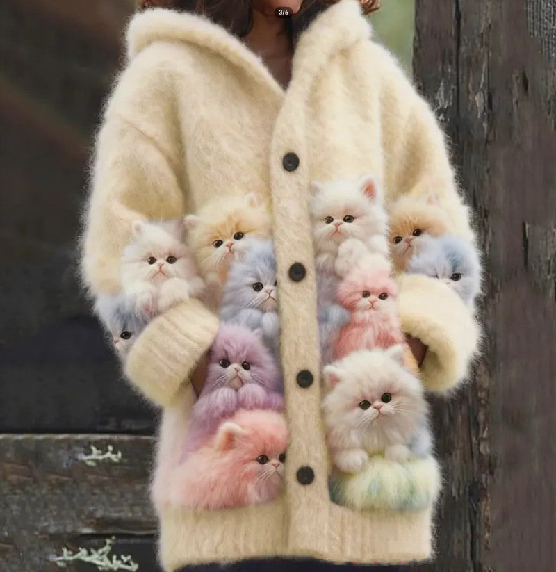 Casual 3D Printed Animal Cat Hooded Cape Jacket Cardigan