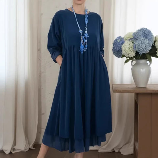 Womens Crew-Neck Double-Layer Patchwork Long-Sleeve Dress