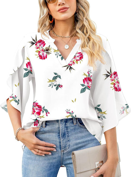 Womens Loose V-neck Chiffon Top With Floral Petal Print