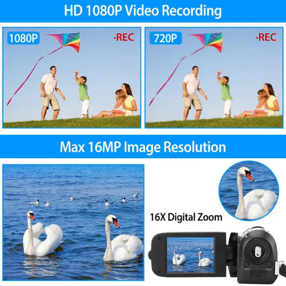 HD 1080P Digital Video Camcorder 2.7in 16X Zoom DV Camera 270° Rotation Rechargeable Kid Camera W/Fill Light Selfie GPCT2659