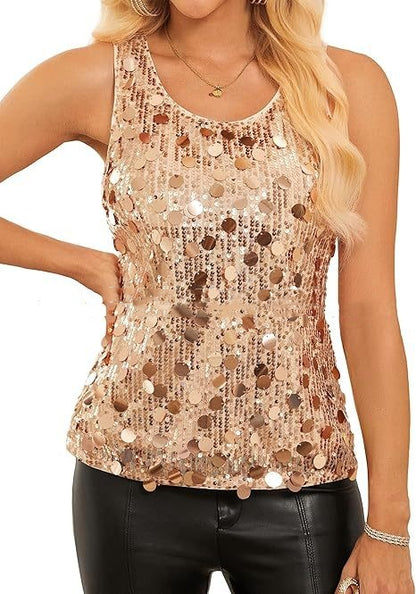 Womens Sequin Top Sleeveless Shiny Casual Tank Top