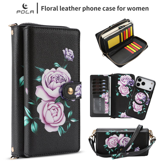 Crossbody Wallet Case For Phone 17 Pro Max 6.9 Inch Magnetic Detachable Floral PU Leather Phone Case With RFID Blocking Card Holder Wristlet Mirror Flip Zipper Shoulder Purse For Women