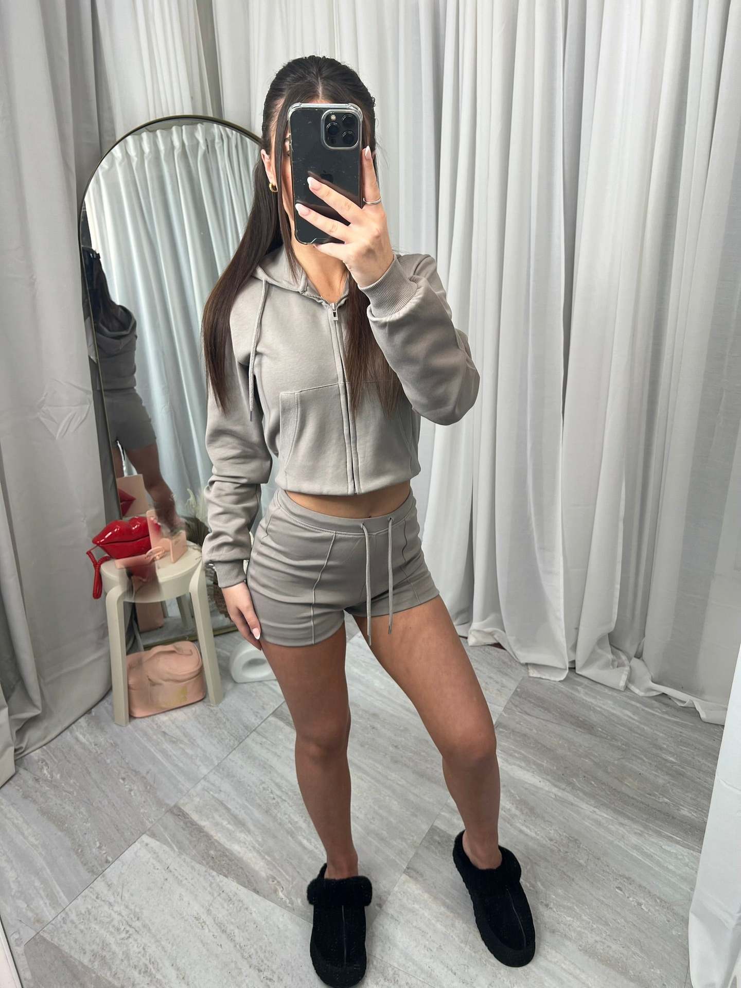 Womens Hooded Oversized Pocket Sweatshirt And Shorts Two-Piece Set