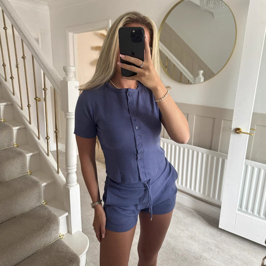 Button-front Cardigan Short-sleeve Top And Tie-waist Shorts Two-piece Set