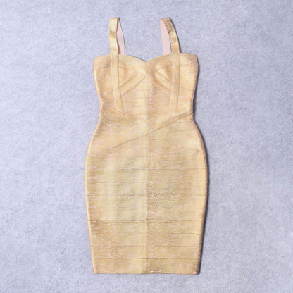 Womens Strap V-Neck Gold-Stamped Sexy Bandage Dress