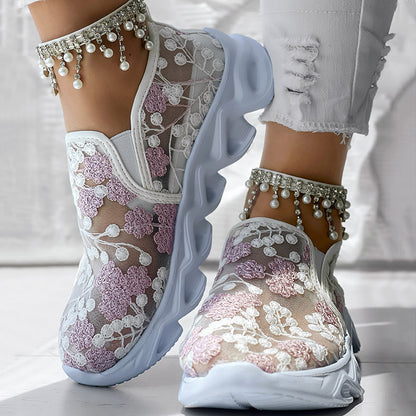 Contrast Glitter Transparent Mesh Patch Breathable Sneakers - Without Ankle Strap