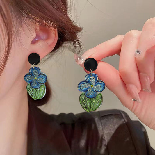 Summer High-grade Oil Painting Blue Flower Earrings
