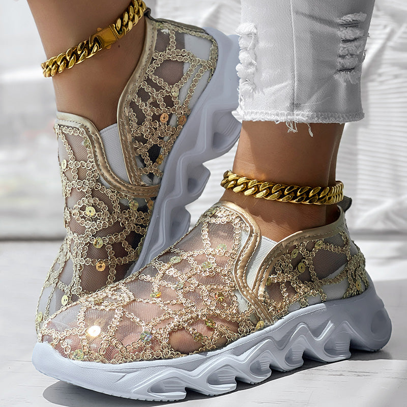 Contrast Glitter Transparent Mesh Patch Breathable Sneakers - Without Ankle Strap