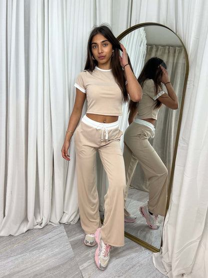 Womens Short-Sleeve Drawstring Wide-Leg Pants Two-Piece Set