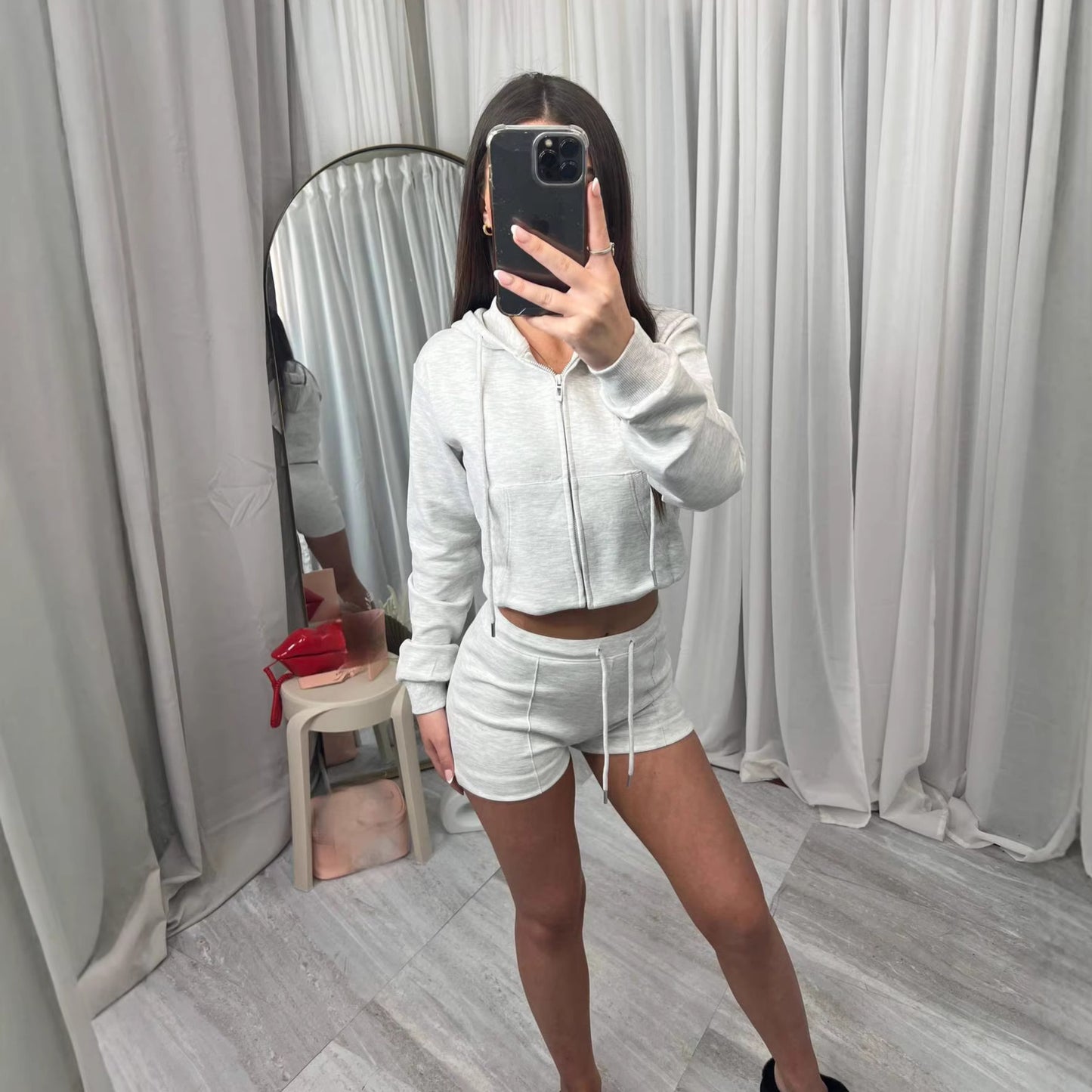 Womens Hooded Oversized Pocket Sweatshirt And Shorts Two-Piece Set