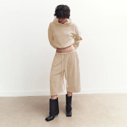 Womens Hooded Long-Sleeve Top And Elastic-Waist Shorts Set