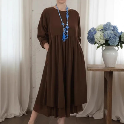 Womens Crew-Neck Double-Layer Patchwork Long-Sleeve Dress