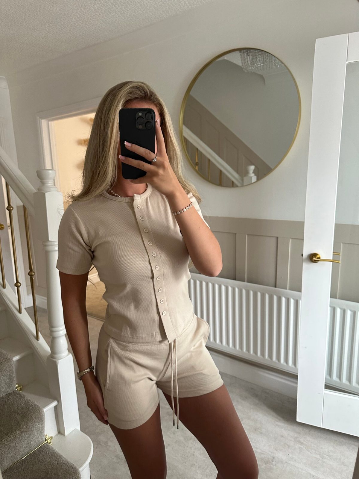 Button-front Cardigan Short-sleeve Top And Tie-waist Shorts Two-piece Set