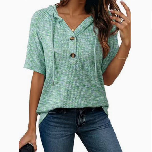 Short-sleeve Buttoned V-neck Waffle-knit Hooded Top