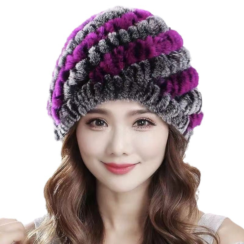 Womens Rex Rabbit Fur Knitted Spiral Pineapple Hat
