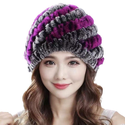 Womens Rex Rabbit Fur Knitted Spiral Pineapple Hat