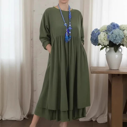 Womens Crew-Neck Double-Layer Patchwork Long-Sleeve Dress