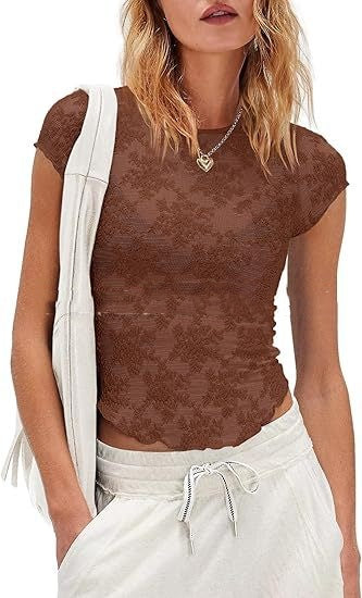 Womens Short-Sleeve Mesh See-Through Lace Top
