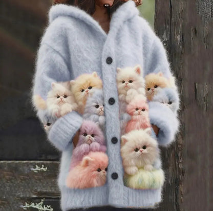Casual 3D Printed Animal Cat Hooded Cape Jacket Cardigan