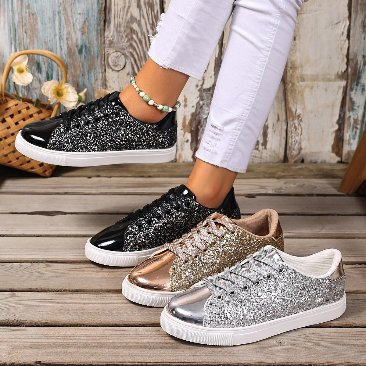 Plus Size Sequined Front Lace-up Solid Color Plus Size Board Shoes