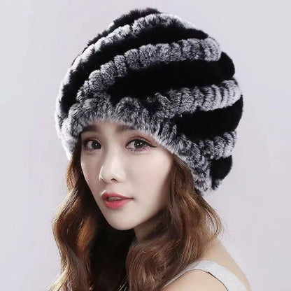 Womens Rex Rabbit Fur Knitted Spiral Pineapple Hat