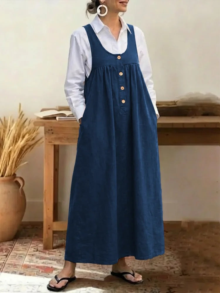 Buttoned Suspender Sleeveless Loose Casual Dress