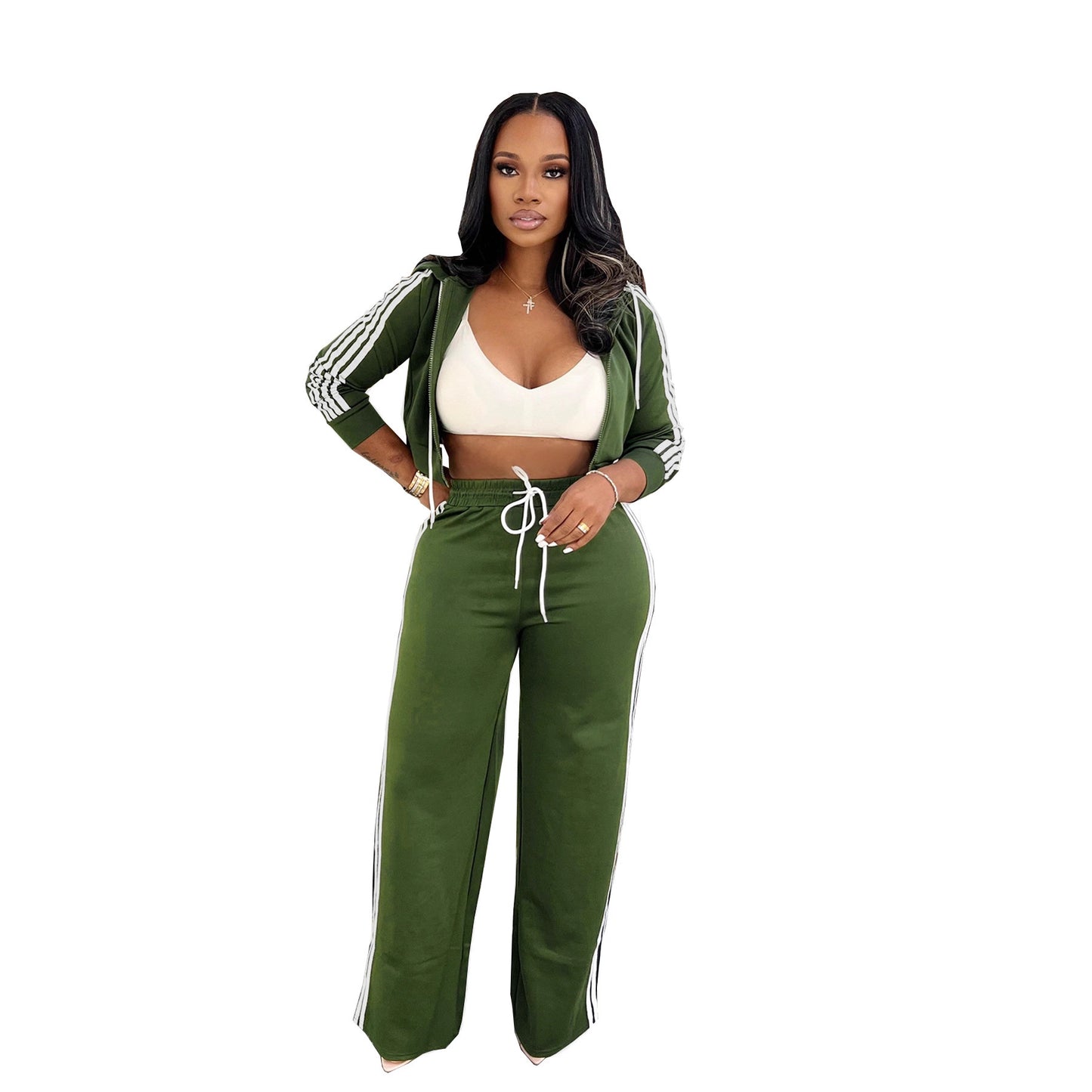 Womens Fashionable Casual Striped Outerwear Set