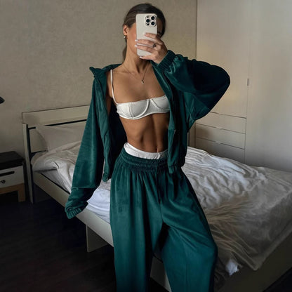 Womens Long-Sleeve Zip-Up Cardigan Jacket And Sweatpants Two-Piece Set