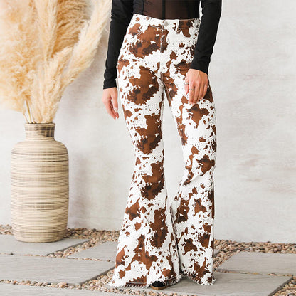 Womens Denim Floral Brown High-Waisted Flared Pants