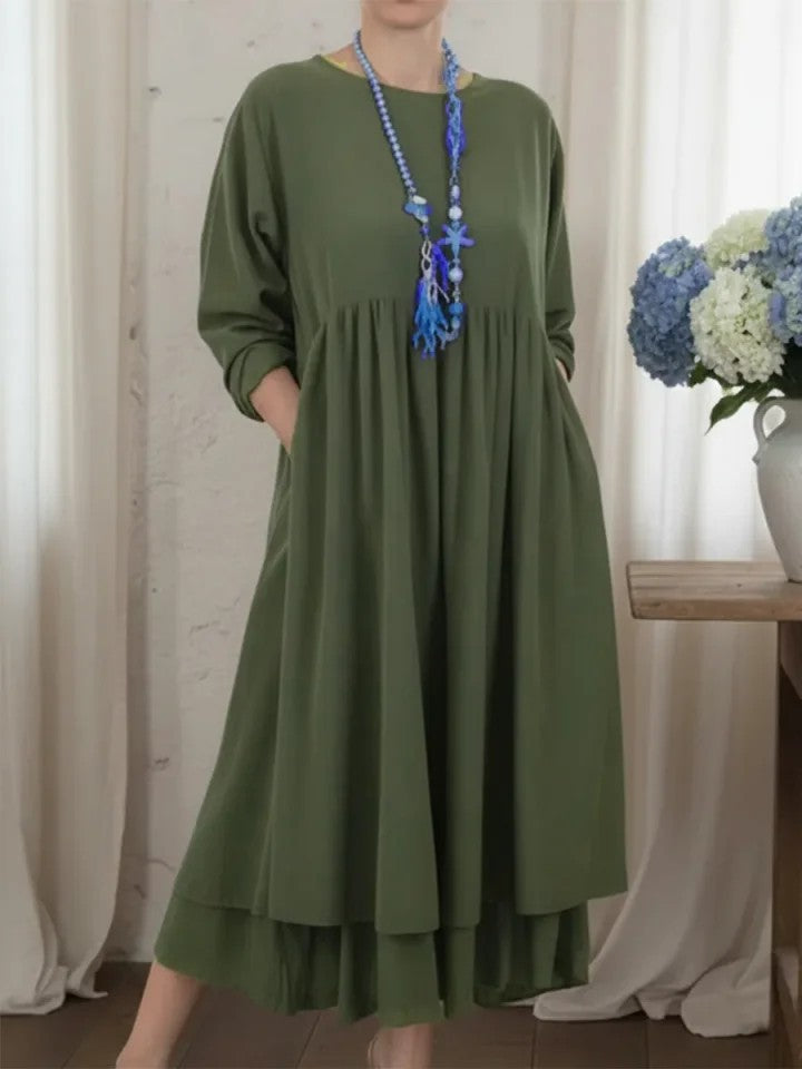 Womens Crew-Neck Double-Layer Patchwork Long-Sleeve Dress