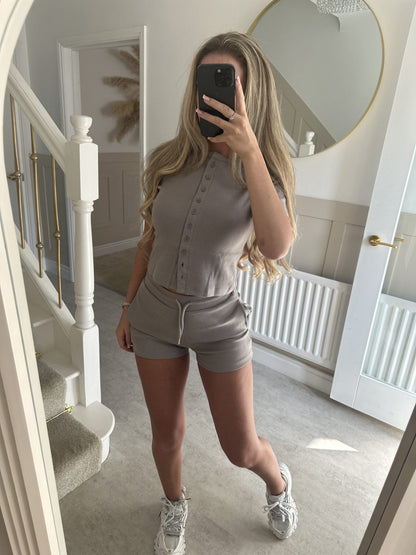 Button-front Cardigan Short-sleeve Top And Tie-waist Shorts Two-piece Set