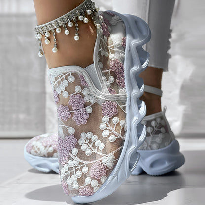 Contrast Glitter Transparent Mesh Patch Breathable Sneakers - Without Ankle Strap
