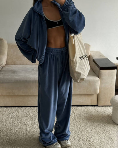 Womens Long-Sleeve Zip-Up Cardigan Jacket And Sweatpants Two-Piece Set