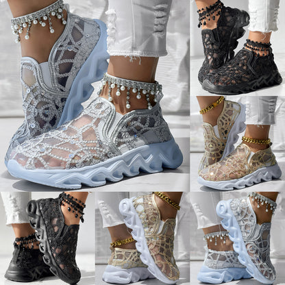 Contrast Glitter Transparent Mesh Patch Breathable Sneakers - Without Ankle Strap