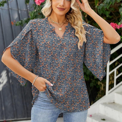 Womens Loose V-neck Chiffon Top With Floral Petal Print
