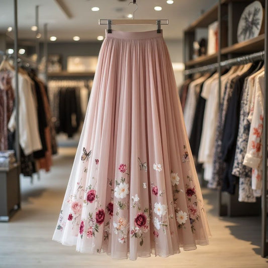 Womens Delicate And Sweet Rose-Print Midi Skirt