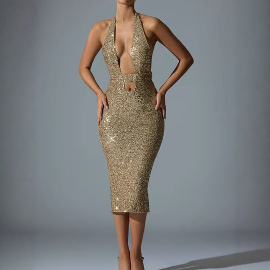 Deep-V Halter Sequin Bodycon Hollow-Out Dress