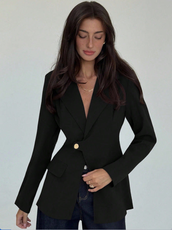 Womens Solid-Color V-Neck Elegant Slim-Fit Blazer
