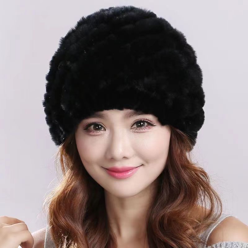 Womens Rex Rabbit Fur Knitted Spiral Pineapple Hat